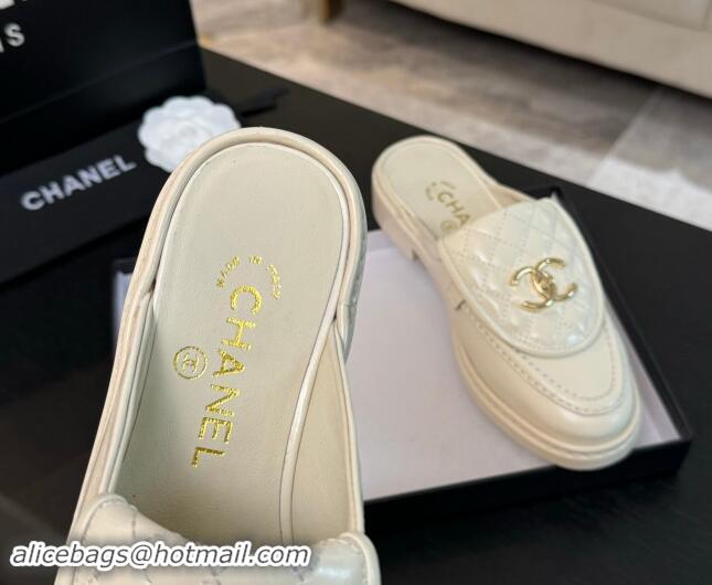 Stylish Chanel Calfskin Flat Mules with Quilted CC Foldover G45474 Ivory White 1120068