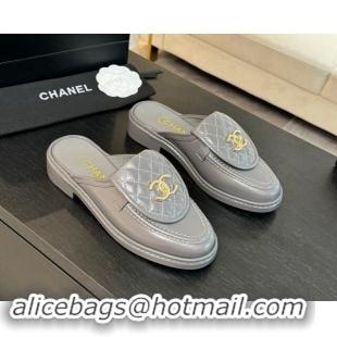 Sophisticated Chanel Calfskin Flat Mules with Quilted CC Foldover G45474 Grey/Gold 1120069