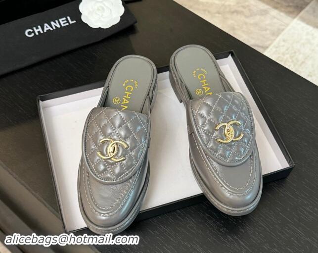 Sophisticated Chanel Calfskin Flat Mules with Quilted CC Foldover G45474 Grey/Gold 1120069