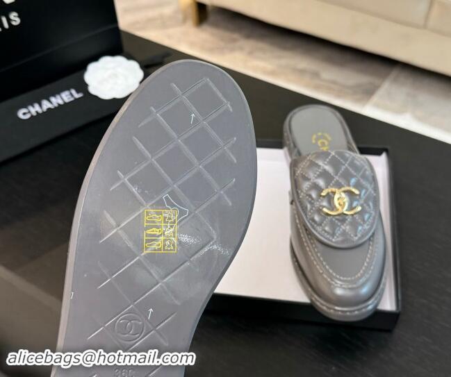 Sophisticated Chanel Calfskin Flat Mules with Quilted CC Foldover G45474 Grey/Gold 1120069