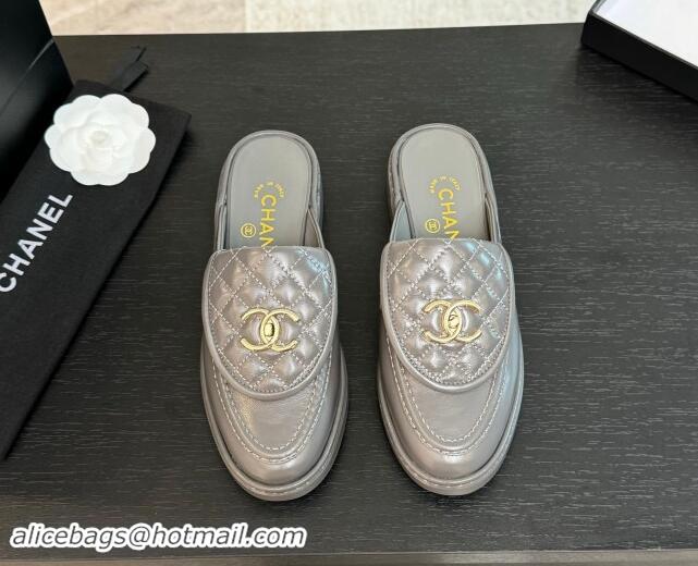 Sophisticated Chanel Calfskin Flat Mules with Quilted CC Foldover G45474 Grey/Gold 1120069