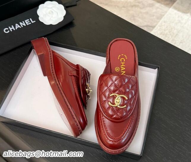 Stylish Chanel Calfskin Flat Mules with Quilted CC Foldover G45474 Burgundy 1120070