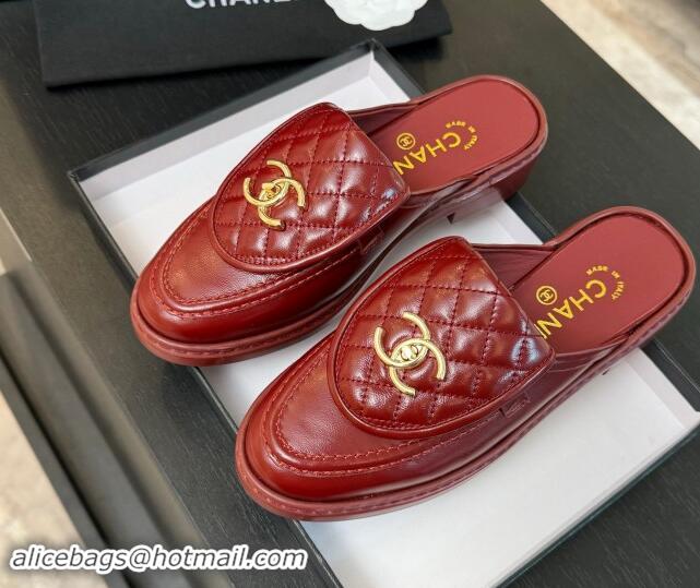 Stylish Chanel Calfskin Flat Mules with Quilted CC Foldover G45474 Burgundy 1120070