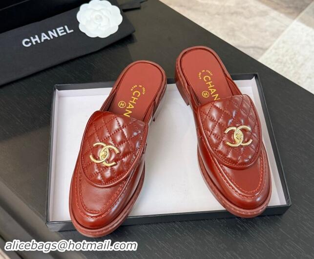 Stylish Chanel Calfskin Flat Mules with Quilted CC Foldover G45474 Burgundy 1120070