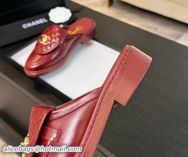 Stylish Chanel Calfskin Flat Mules with Quilted CC Foldover G45474 Burgundy 1120070