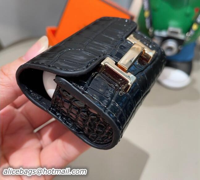 Top Design Hermes Crocodile Embossed AirPods 3 Earpods Case 1130 Black 2024