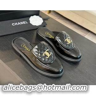 Top Design Chanel Crinkled Calfskin Flat Mules with Quilted CC Foldover G45474 Black 120071