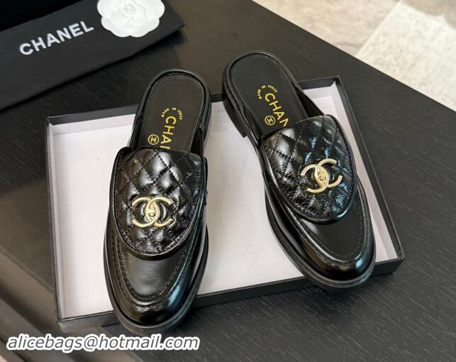 Top Design Chanel Crinkled Calfskin Flat Mules with Quilted CC Foldover G45474 Black 120071