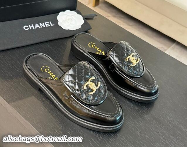 Top Design Chanel Crinkled Calfskin Flat Mules with Quilted CC Foldover G45474 Black 120071