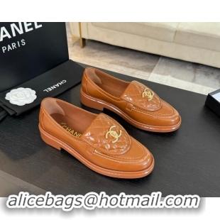 Popular Style Chanel Calfskin Flat Loafers with Quilted CC Foldover G45474 Tan Brown 1120072