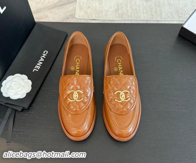 Popular Style Chanel Calfskin Flat Loafers with Quilted CC Foldover G45474 Tan Brown 1120072