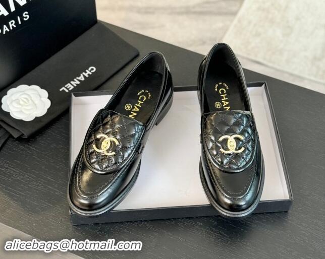 Classic Hot Chanel Calfskin Flat Loafers with Quilted CC Foldover G45474 Black 1120073