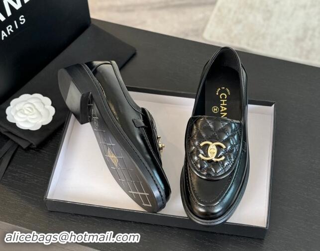 Classic Hot Chanel Calfskin Flat Loafers with Quilted CC Foldover G45474 Black 1120073