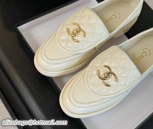 Good Quality Chanel Calfskin Flat Loafers with Quilted CC Foldover G45474 White 1120074