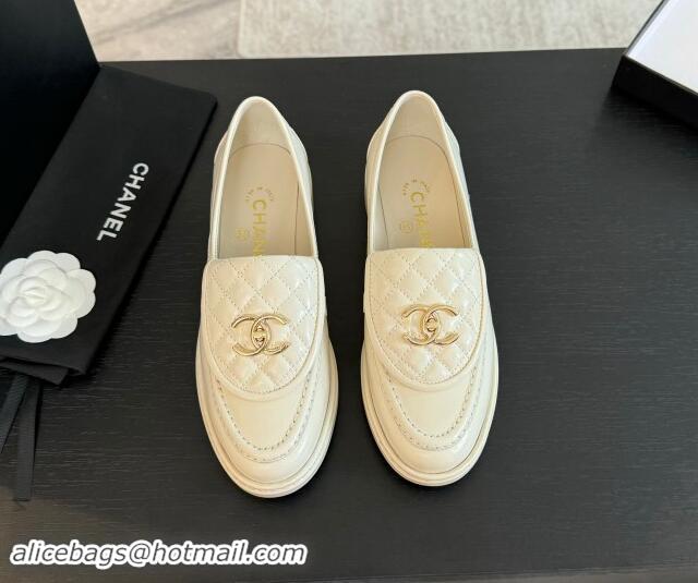 Good Quality Chanel Calfskin Flat Loafers with Quilted CC Foldover G45474 White 1120074