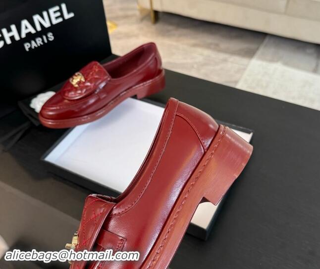 Grade Quality Chanel Calfskin Flat Loafers with Quilted CC Foldover G45474 Burgundy 1120075