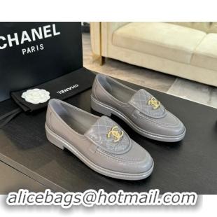 Best Grade Chanel Calfskin Flat Loafers with Quilted CC Foldover G45474 Grey 1120076