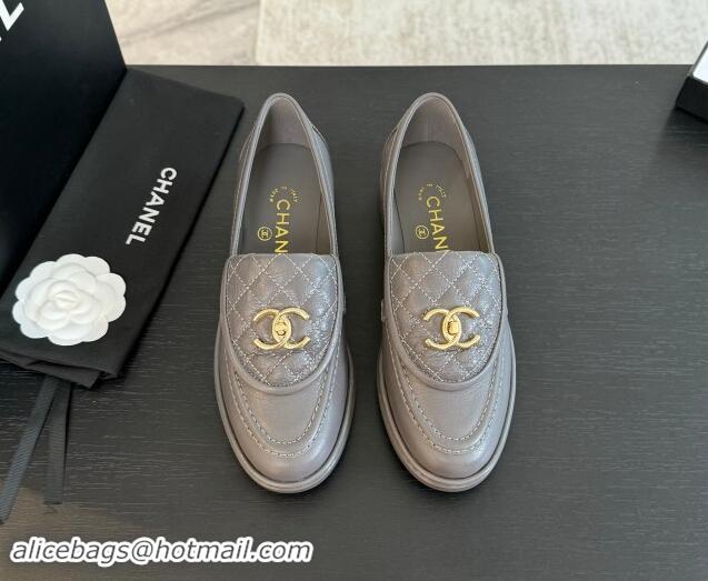 Best Grade Chanel Calfskin Flat Loafers with Quilted CC Foldover G45474 Grey 1120076