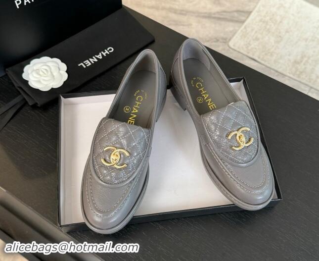 Best Grade Chanel Calfskin Flat Loafers with Quilted CC Foldover G45474 Grey 1120076