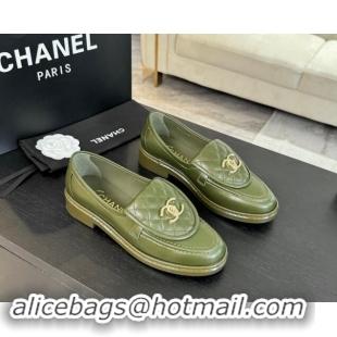 Purchase Chanel Calfskin Flat Loafers with Quilted CC Foldover G45474 Green 1120077