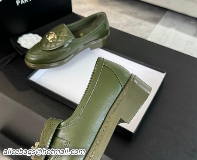 Purchase Chanel Calfskin Flat Loafers with Quilted CC Foldover G45474 Green 1120077