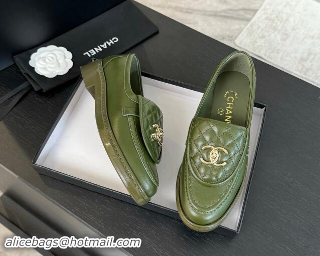 Purchase Chanel Calfskin Flat Loafers with Quilted CC Foldover G45474 Green 1120077