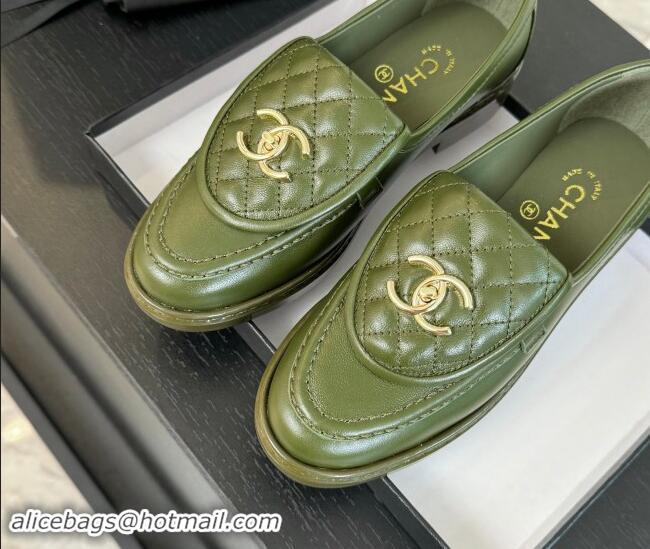 Purchase Chanel Calfskin Flat Loafers with Quilted CC Foldover G45474 Green 1120077