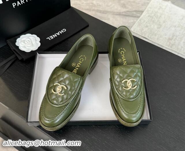 Purchase Chanel Calfskin Flat Loafers with Quilted CC Foldover G45474 Green 1120077