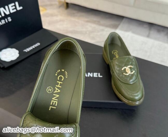 Purchase Chanel Calfskin Flat Loafers with Quilted CC Foldover G45474 Green 1120077