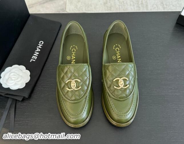 Purchase Chanel Calfskin Flat Loafers with Quilted CC Foldover G45474 Green 1120077