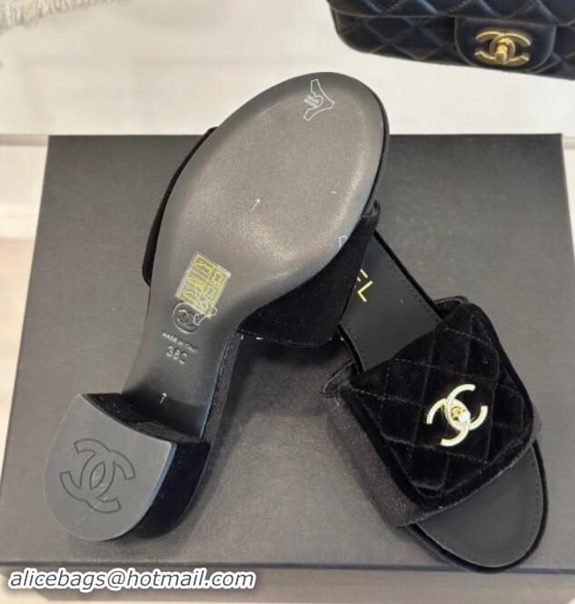 Top Design Chanel Velvet Heel Slides Sandal 5cm with Quilted CC Foldover G45474 Black 1120078