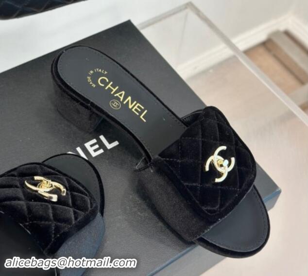 Top Design Chanel Velvet Heel Slides Sandal 5cm with Quilted CC Foldover G45474 Black 1120078