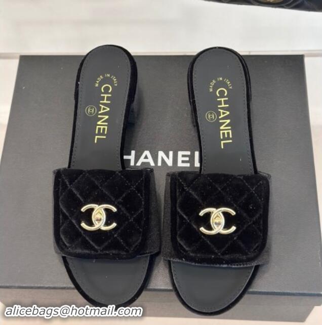 Top Design Chanel Velvet Heel Slides Sandal 5cm with Quilted CC Foldover G45474 Black 1120078