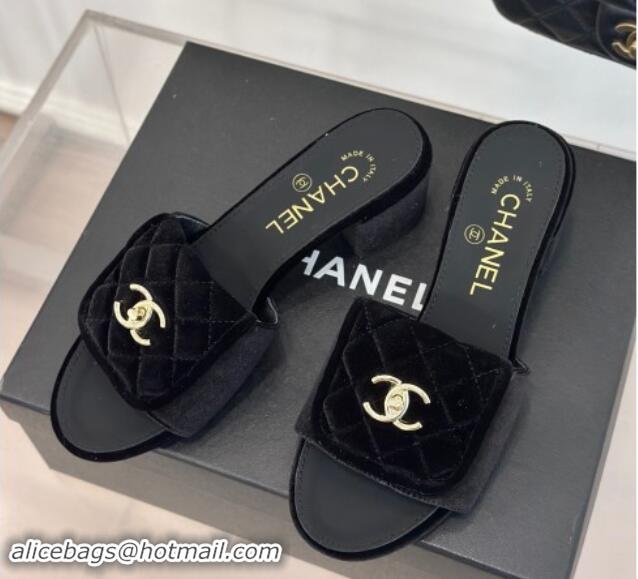 Top Design Chanel Velvet Heel Slides Sandal 5cm with Quilted CC Foldover G45474 Black 1120078