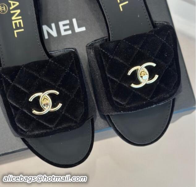 Top Design Chanel Velvet Heel Slides Sandal 5cm with Quilted CC Foldover G45474 Black 1120078