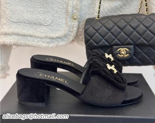 Top Design Chanel Velvet Heel Slides Sandal 5cm with Quilted CC Foldover G45474 Black 1120078