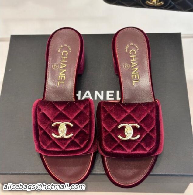 Good Looking Chanel Velvet Heel Slides Sandal 5cm with Quilted CC Foldover G45474 Burgundy 120079