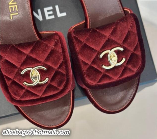 Good Looking Chanel Velvet Heel Slides Sandal 5cm with Quilted CC Foldover G45474 Burgundy 120079