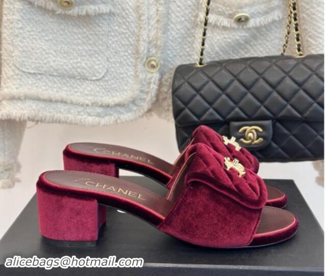 Good Looking Chanel Velvet Heel Slides Sandal 5cm with Quilted CC Foldover G45474 Burgundy 120079