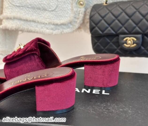 Good Looking Chanel Velvet Heel Slides Sandal 5cm with Quilted CC Foldover G45474 Burgundy 120079