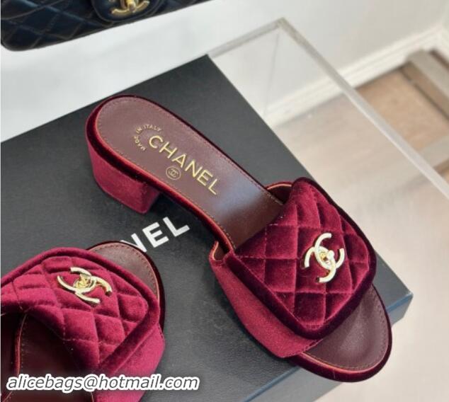 Good Looking Chanel Velvet Heel Slides Sandal 5cm with Quilted CC Foldover G45474 Burgundy 120079