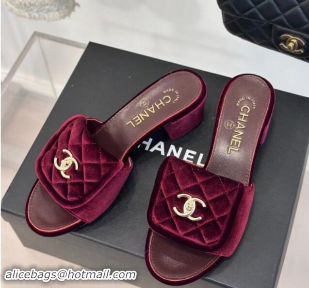 Good Looking Chanel Velvet Heel Slides Sandal 5cm with Quilted CC Foldover G45474 Burgundy 120079