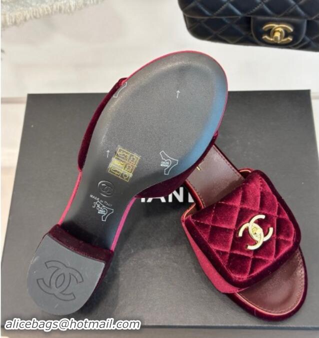 Good Looking Chanel Velvet Heel Slides Sandal 5cm with Quilted CC Foldover G45474 Burgundy 120079