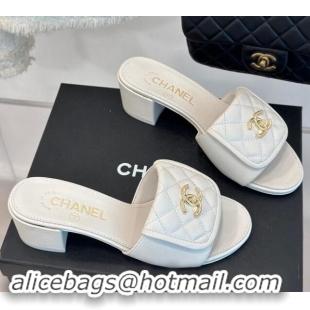 Chanel Lambskin Heel Slides Sandal 5cm with Quilted CC Foldover G45474 White 120080