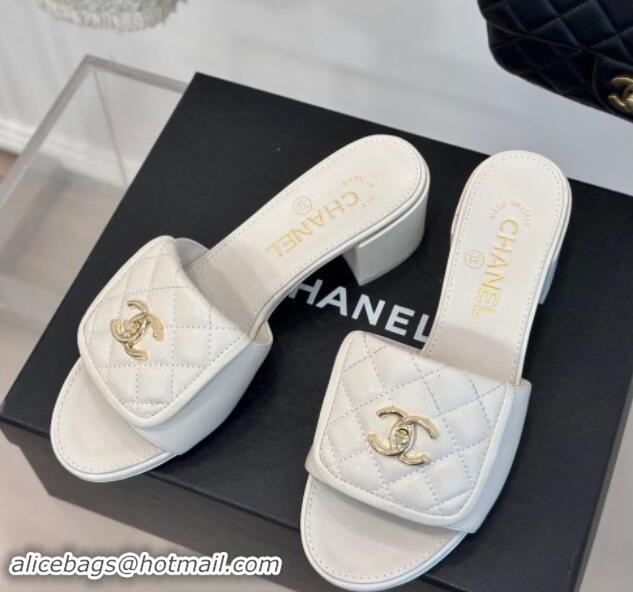 Chanel Lambskin Heel Slides Sandal 5cm with Quilted CC Foldover G45474 White 120080