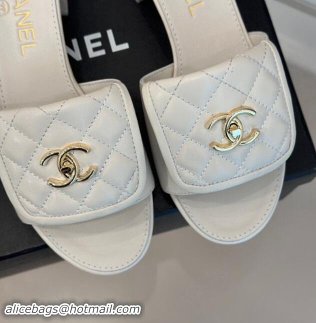 Chanel Lambskin Heel Slides Sandal 5cm with Quilted CC Foldover G45474 White 120080