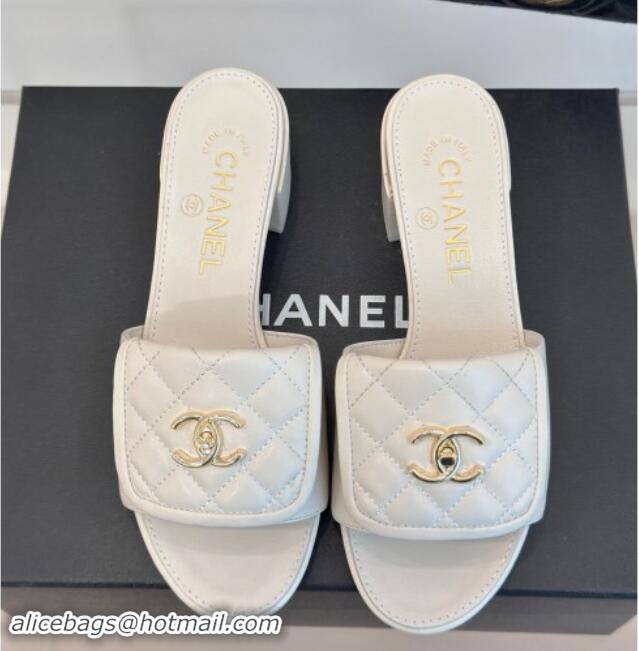 Chanel Lambskin Heel Slides Sandal 5cm with Quilted CC Foldover G45474 White 120080