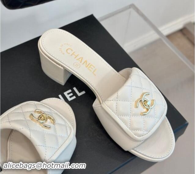 Chanel Lambskin Heel Slides Sandal 5cm with Quilted CC Foldover G45474 White 120080