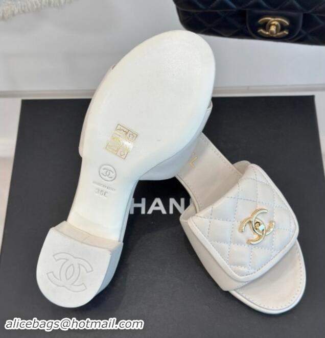 Chanel Lambskin Heel Slides Sandal 5cm with Quilted CC Foldover G45474 White 120080