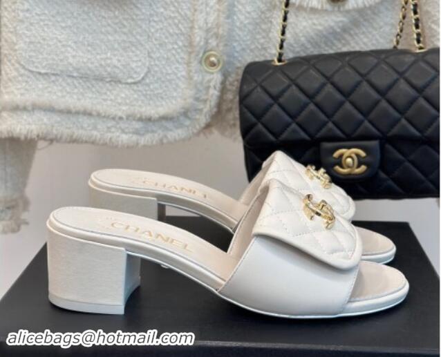 Chanel Lambskin Heel Slides Sandal 5cm with Quilted CC Foldover G45474 White 120080